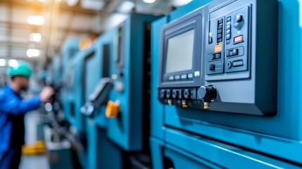 Fototapeta premium Industrial Worker Monitoring Machine Control Panel in Factory Setting