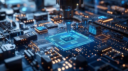 Automated machines working with microscopic precision, assembling eco-friendly energy units, illuminated blue circuits, sustainable and high-efficiency technology, sci-fi style