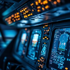 Naklejka premium Digital displays inside airplane showing flight status and destination