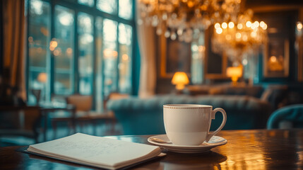 A cup of coffee sits on a table in a cafe, a notebook sits beside it. The setting is warm and inviting.