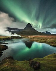 Naklejka premium The Unique Landscapes of Iceland, Featuring Geysers, Volcanic Craters, and Glacial Lagoons, With Dramatic Northern Lights Adding a Magical Touch to This Geothermal Wonderland
