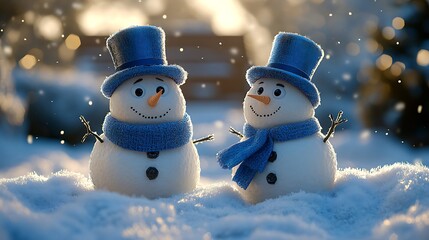 Obraz premium Snowmen border with blue scarves and top hats, standing in a snowy landscape, framing a blank center area, winter lighting, hd quality, detailed textures. --ar 16:9