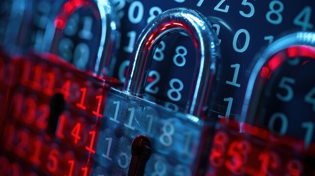 Close-up of multiple silver padlocks with binary code in the background.