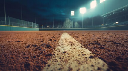 A baseball diamond with infield dirt, outdoor setting under stadium lights, Dramatic style