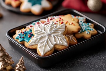 Fototapeta premium Close-up of a tray of freshly baked Christmas cookies decorated with colorful icing and sprinkles