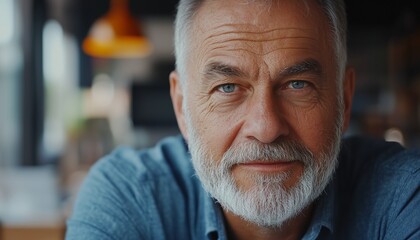 Close up photo of an old man with blue eyes, close up photo of a grandfather with blue eyes and white hair, grandfather sitting in a cafe
