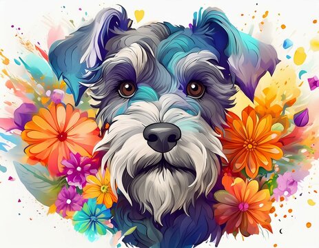 Beautiful schnauzer head against colorful flower explosion