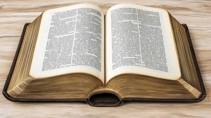 Obraz premium An open book with pages displaying text, resting on a wooden surface.