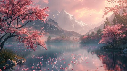 Mystical valley with a pink background, showcasing intricate details of enchanted forests and crystal-clear lakes.