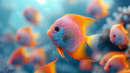 Obraz premium School of colorful angelfish swimming in harmony, creating a mesmerizing underwater pattern, set against a soft blue background.