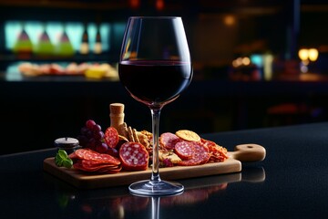 Naklejka premium Detailed hyper-realistic image of a glass of wine and charcuterie board, capturing each texture in a restaurant setting