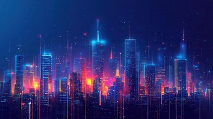 A vibrant digital skyline illuminated by colorful lights and technology