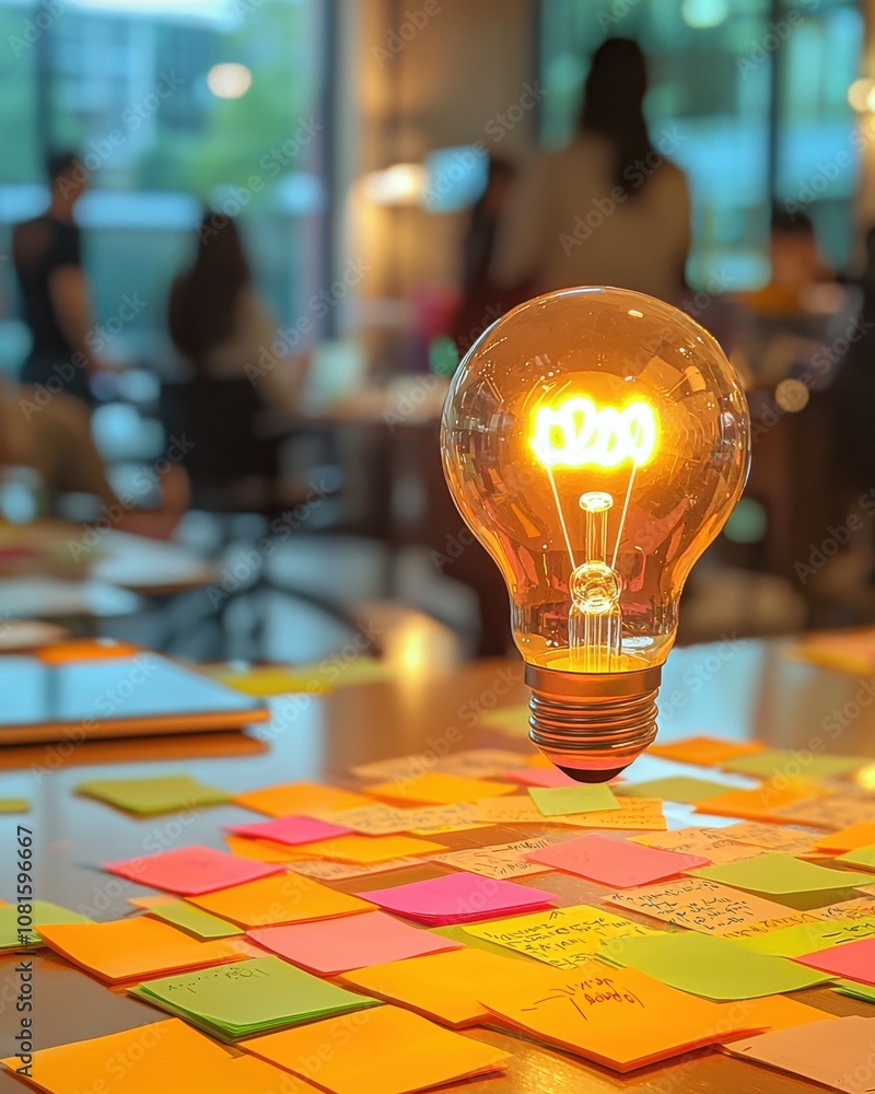 Poster an illuminated filament bulb hovers above colorful sticky notes, symbolizing creativity and brainsto