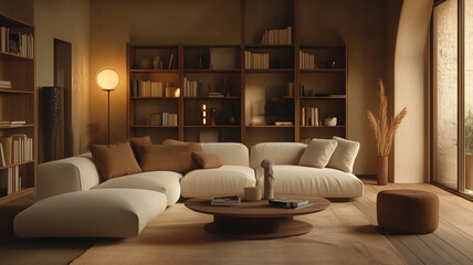 living room with soft, warm lighting, comfortable furniture, and contemporary decor,