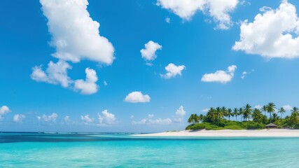 Fototapeta premium Picturesque view of beautiful sea and sandy beach on sunny day with clear blue sky, white fluffy clouds, and palm trees, sea, picturesque