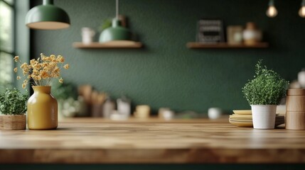 Modern Cozy Kitchen with Wooden Counter and Green Decor, Warm Light, Contemporary Design, Home Interior