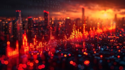 Financial Crisis Indicators: conceptual background showing indicators of financial crises, such as declining stock prices and red warning symbols.
