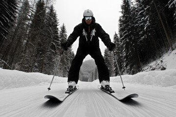 Gothic scene of a skier in dark, moody forest at dusk, eerie shadows and misty atmosphere