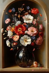 Beautiful vintage still life painting with vibrant flowers in glass vase © video