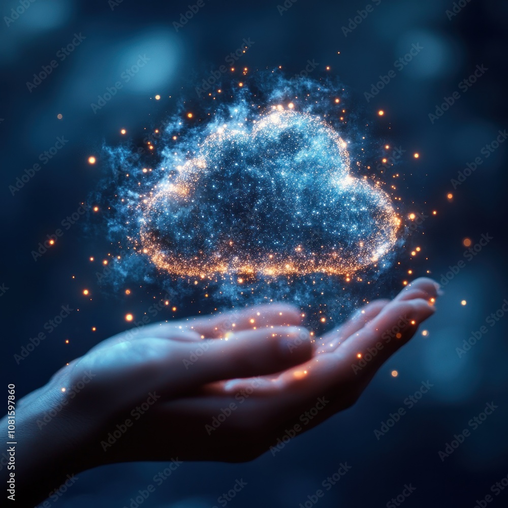Poster a hand holding a glowing cloud symbol, representing data storage and cloud computing.