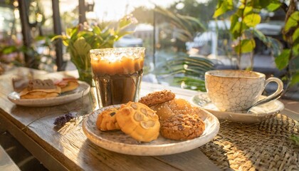 Rustic Coffee Shop Display Featuring Freshly Brewed Organic Coffee, Vegan Pastries, and Gluten-Free Cookies for a Cozy Morning Brunch Without the Crowd