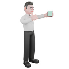 3D Movie Director. A male producer stands while taking a selfie with a handphone held in his left hand and then his right hand raises his thumbin front of his chest. Cartoon Professional Illustration