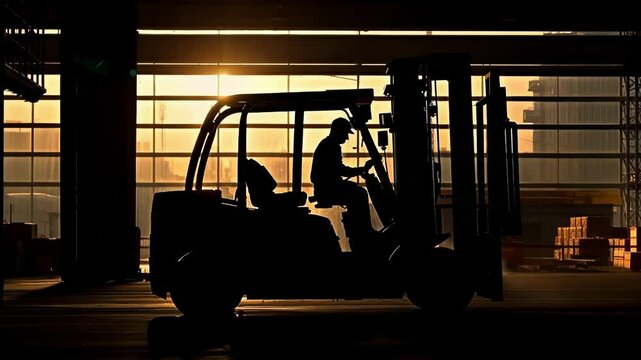 Silhouette of a warehouse worker operating a forklift in a large distribution center with the setting sun in the background