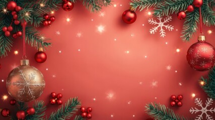 A festive Christmas background with a red and green color scheme, adorned with sparkling lights, ornaments, and snowflakes, cheerful