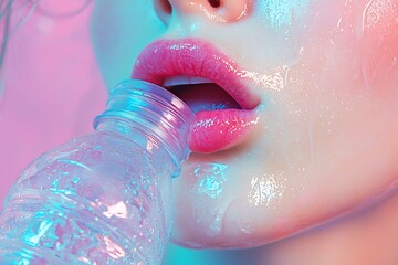 Fototapeta premium Captivating Close Up of Glossy Lips and Chin Against Vibrant Backdrop