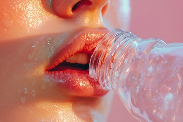 Fototapeta premium Intimate Close up of Alluring Lips Pressed Against Transparent Glass Surface