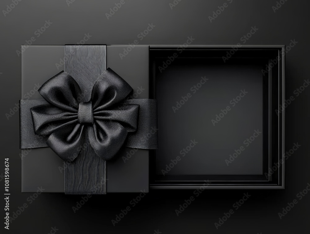 Poster black gift box with satin bow on dark background 3d rendering open and empty