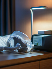Close up of CPAP mask and equipment on bedside table, showcasing mask design and device display. warm light creates calming atmosphere