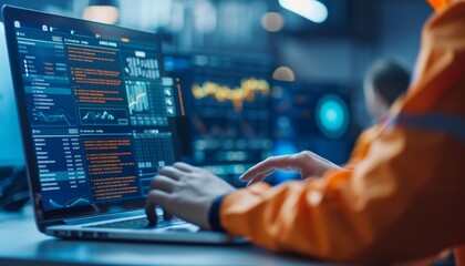 Fototapeta premium Data analysis action by technicians in a control room digital display environment close-up viewpoint technology insights