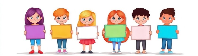 children holding signs flat design front view preschool theme cartoon drawing