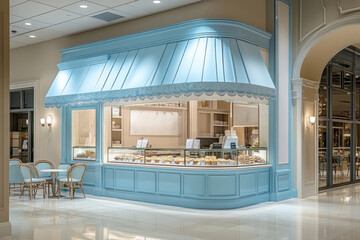A blue and white pastry shop with a blue awning