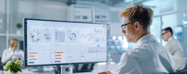 Data analysis session modern office digital dashboard overview collaborative environment professional viewpoint business insights for decision making