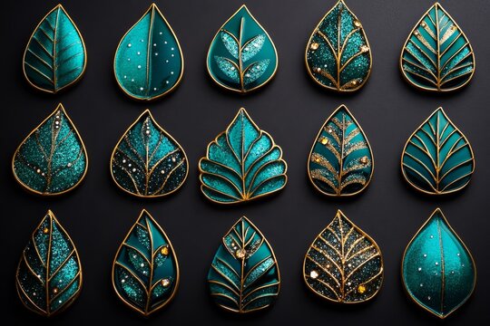 Pattern of enchanted leaves with sparkles and magical details, arranged in an otherworldly layout