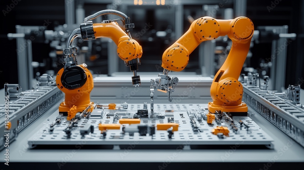 Poster two industrial robots working on an assembly line