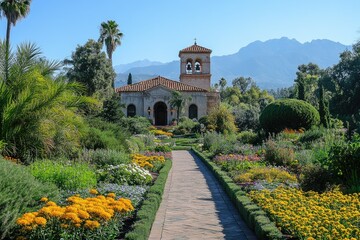 Naklejka premium Stone pathway leading to spanish colonial style building in a botanical garden
