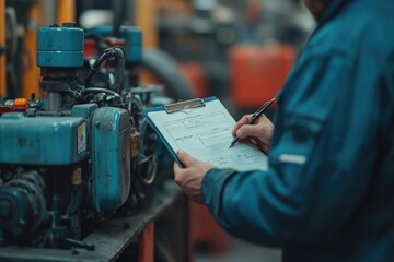 Industrial engineer inspecting machine in factory and taking notes on clipboard