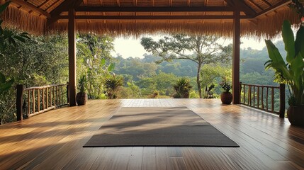 Wooden yoga shala overlooking tropical forest in bali indonesia