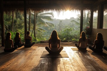 Yoga class meditating in tropical rainforest at sunrise