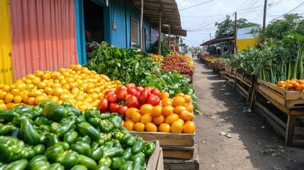 Colorful vegetable and fruit market stalls displaying fresh produce