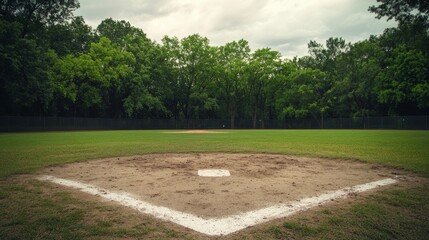 Obraz premium A baseball field's home plate with focus on the dirt and chalk lines, outdoor setting with overcast sky, Rustic style
