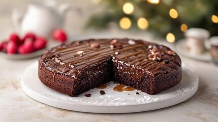 Natural Coconut Sugar, Decadent Gluten-Free Chocolate Cake with Coconut Sugar Caramel Drizzle,Indulgent Dessert Concept