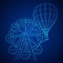 Ferris wheel spinning amusement park. Wireframe low poly mesh vector illustration.