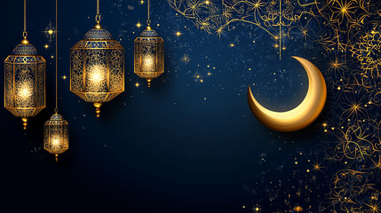 Festive golden crescent moon and lanterns hanging on blue starry background.