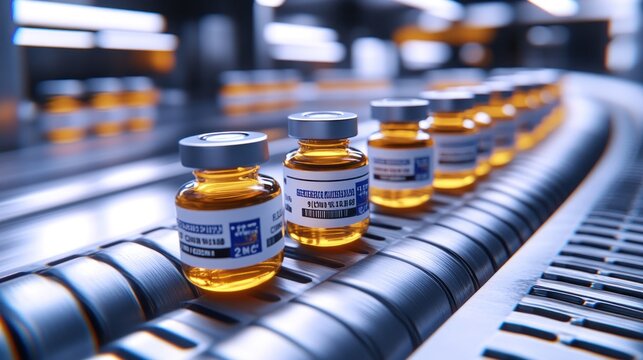 Vaccine vials moving on a conveyor belt in a factory.