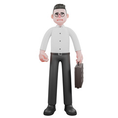 Filmmaker Producer Cartoon. A male producer stands with his left hand carrying a briefcase bag and his right hand grasping, an excited expression. 3D Professional Model