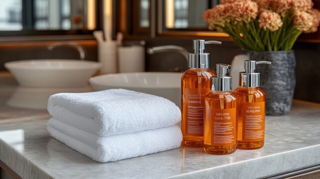 Two white towels and three amber bottles of bath products on a white counter with a vase of orange flowers in the background.